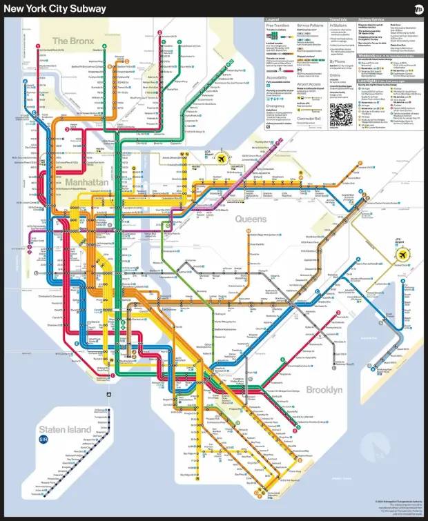 The New York City subway map received a facelift this week for the first time in 46 years, and it's being received better than the Jaguar rebrand, which isn't a high bar to cross. The beloved “spaghetti” map that debuted in 1979 was replaced because the MTA wanted to give straphangers a “21st-century customer experience,” which checks out, since it feels like a soulless AI creation.The old map received its spaghetti moniker due to the lines following their wiggly topographical directions; the new map features more rigid lines and borders without much regard to geography (for useability purposes), although it includes updates that have occurred over the years, like transfer hubs and accessible stations.—DL#Share